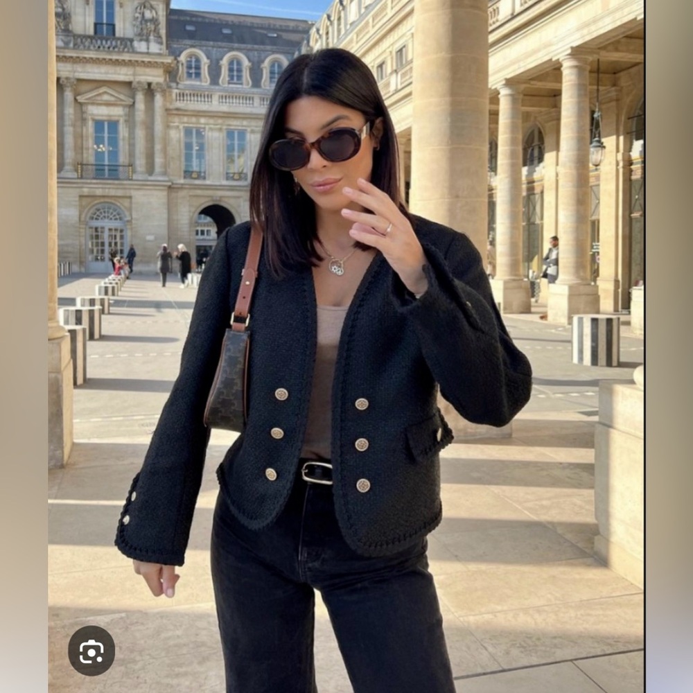 ZARA WOMAN NEW Gold BUTTONED TEXTURED JACKET BLACK Cropped Blazer